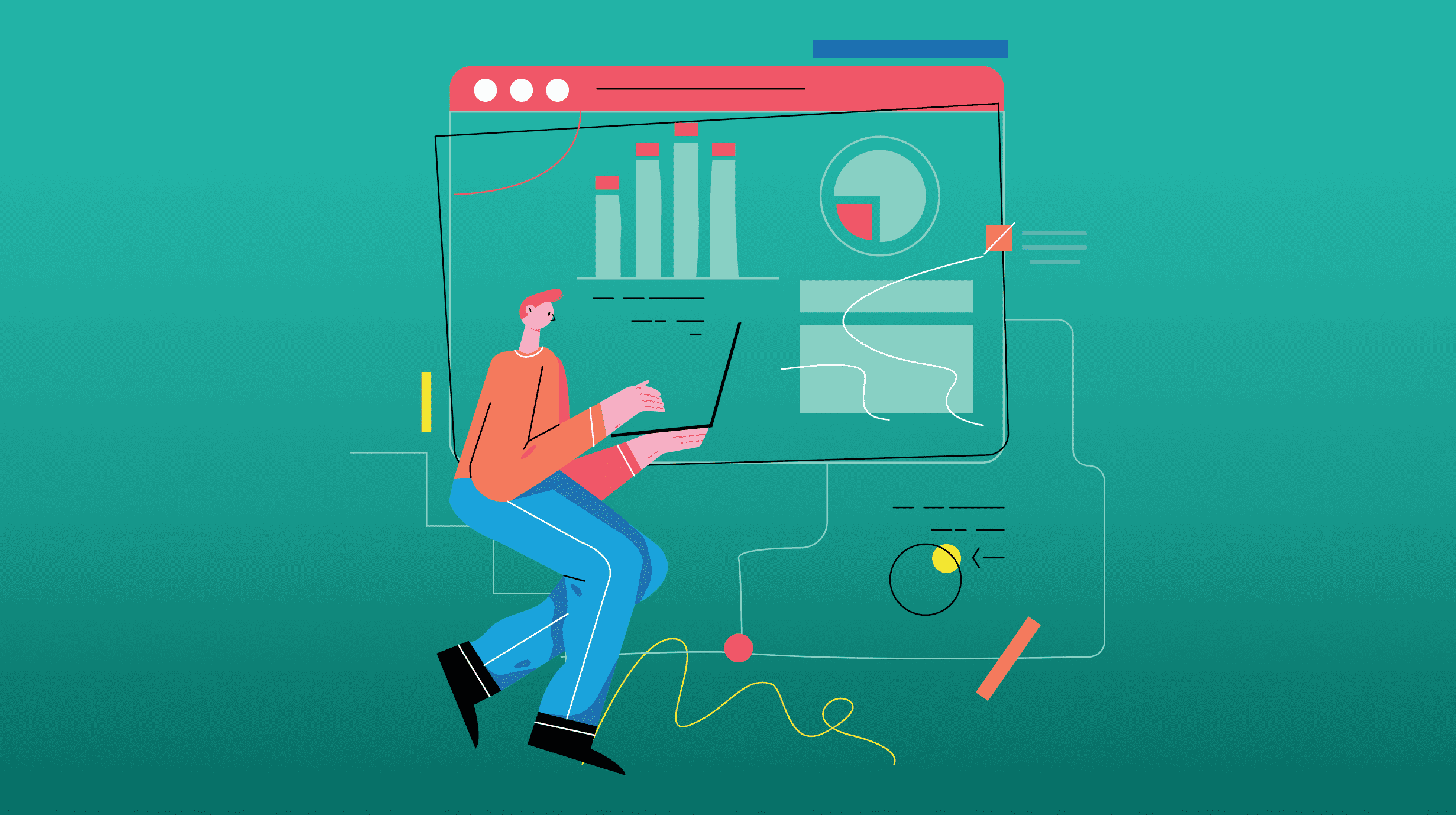 Cartoon image of person working on laptop surrounded by images of data reports