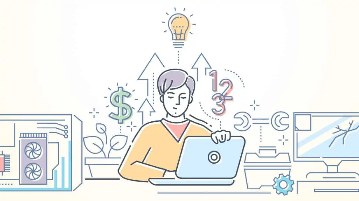 Cartoon image of man on laptop surrounded by money symbol, numbers, lightbulb and more