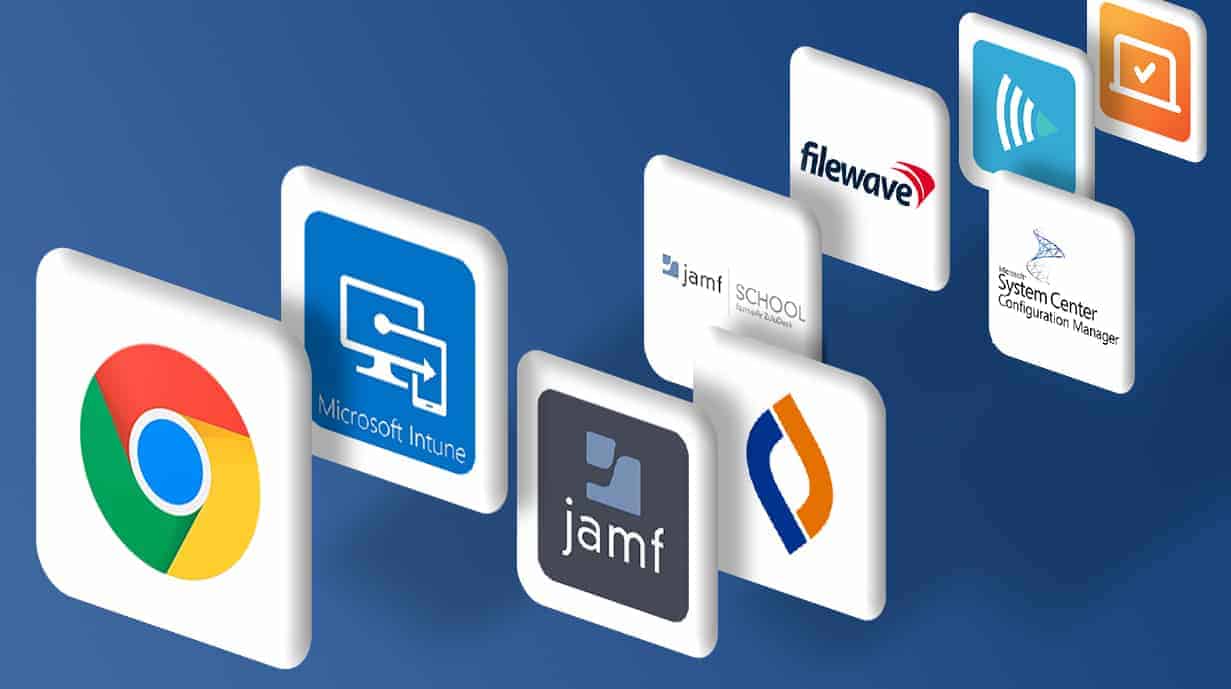 Logos for Google, Microsoft Intune, jamf, filewave, and more