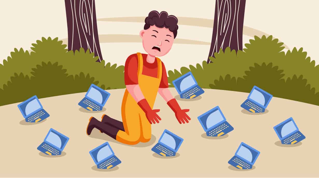 Cartoon image of upset person surrounded by school devices stuck in quick sand