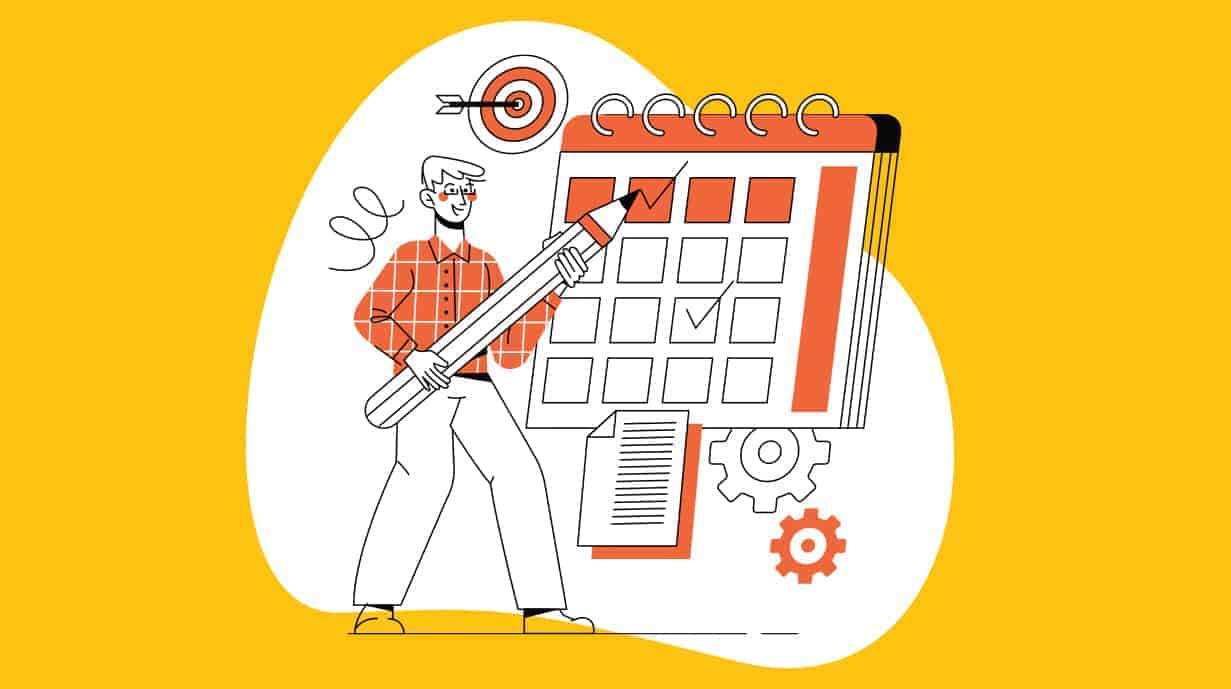 Cartoon image of man checking off calendar dates surrounded by a bullseye and a piece of paper
