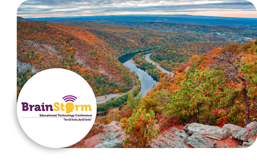 Brainstorm Poconos logo with Aerial landscape image of the Poconos mountains