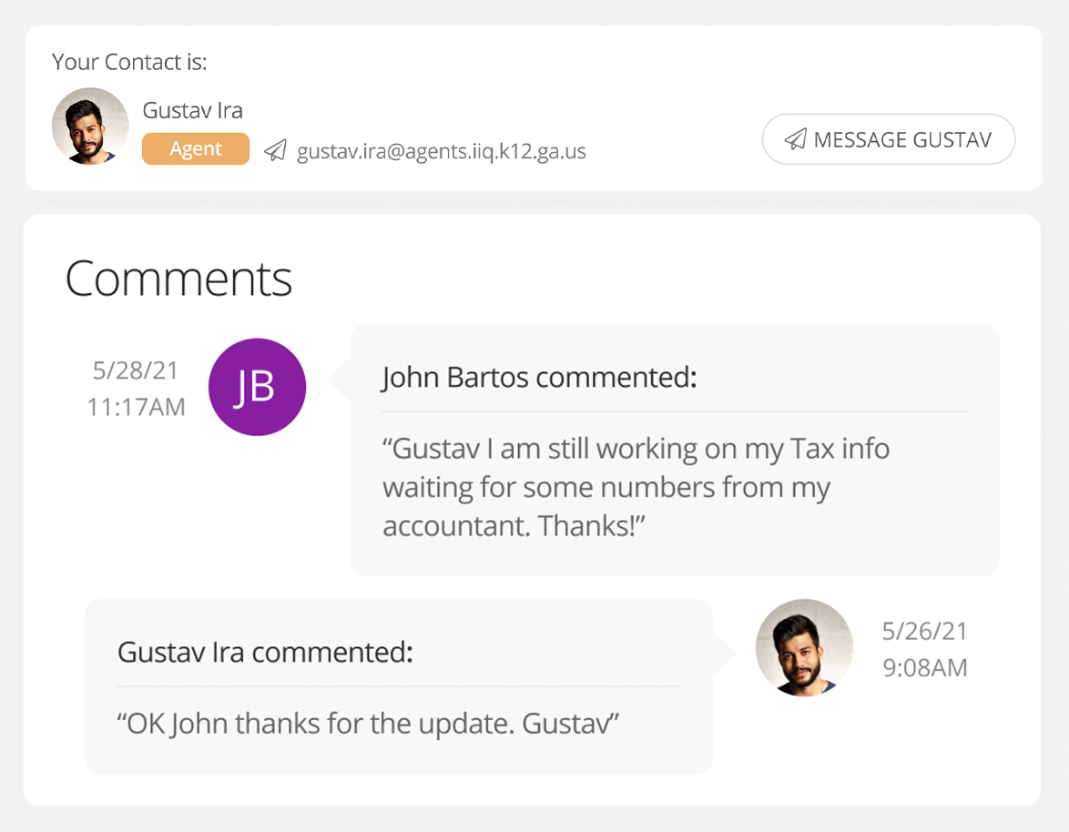 Screenshot of two agents' comments to each other about an admin update via Incident IQ's integrated help desk