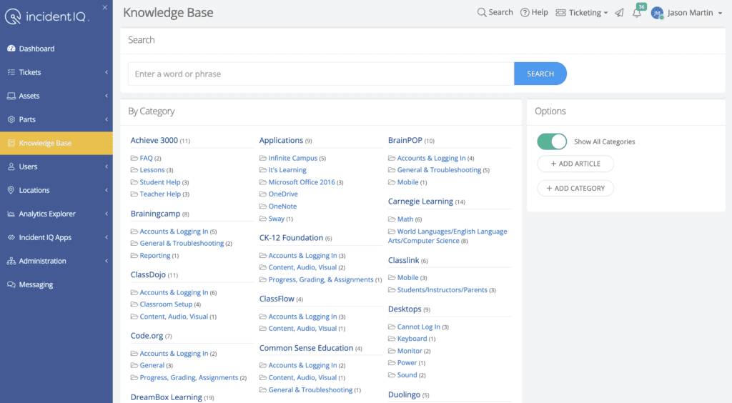Help desk knowledge base categories