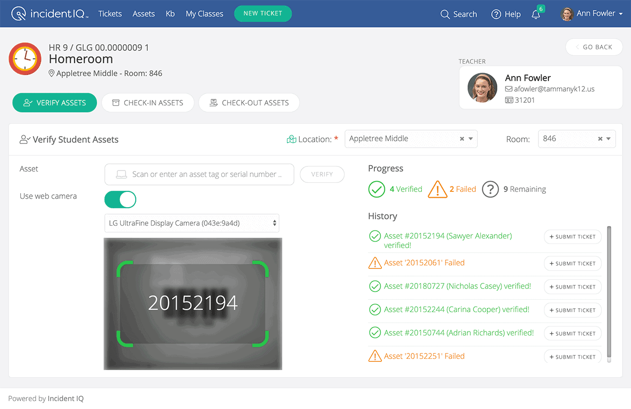 iiQ Assets My Classes device verification screen image