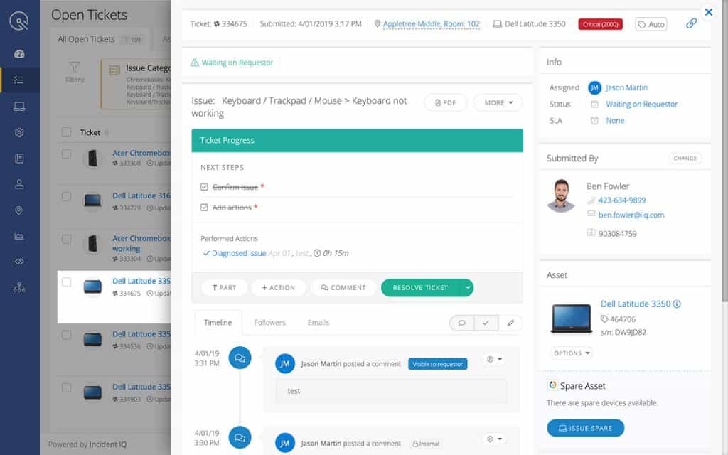 Incident IQ's asset ticket workflow reporting screen