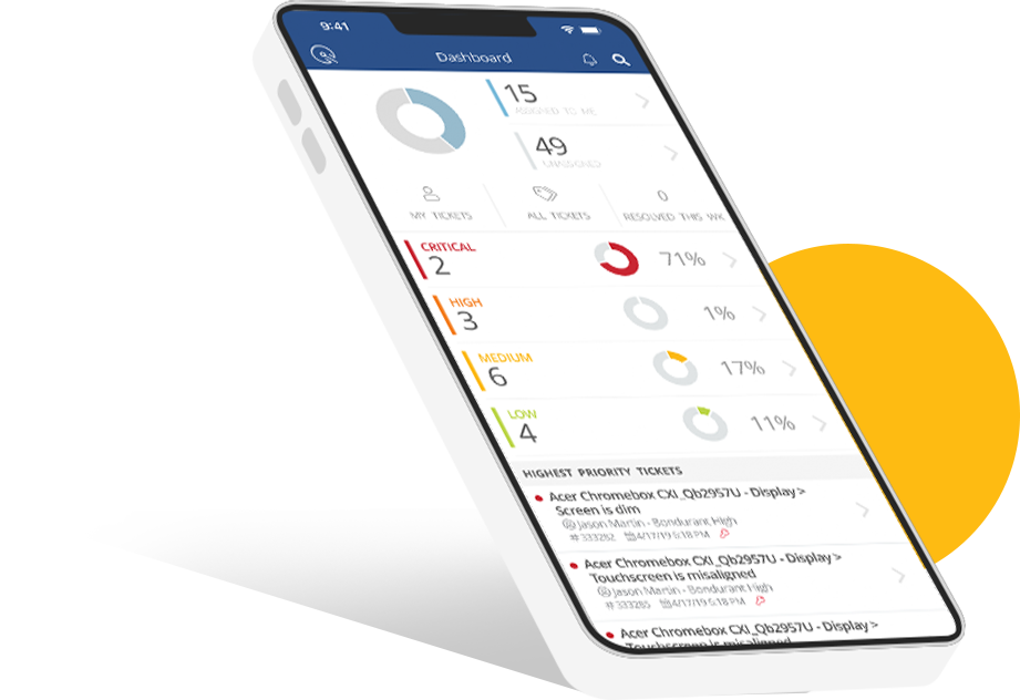 Mobile phone with screenshot of Incident IQ's Analytics Explorer Dashboard