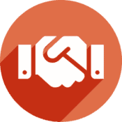 Red circular background with white handshake icon