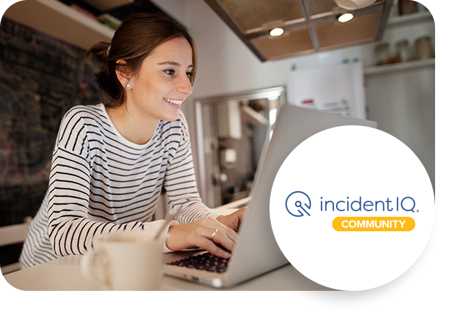 Happy woman working on laptop with pop out image of Incident IQ Community logo