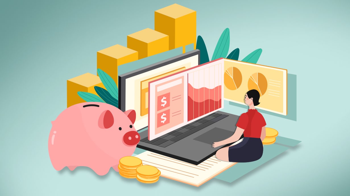 Illustration of woman sitting in front of giant laptop with financial items around her.
