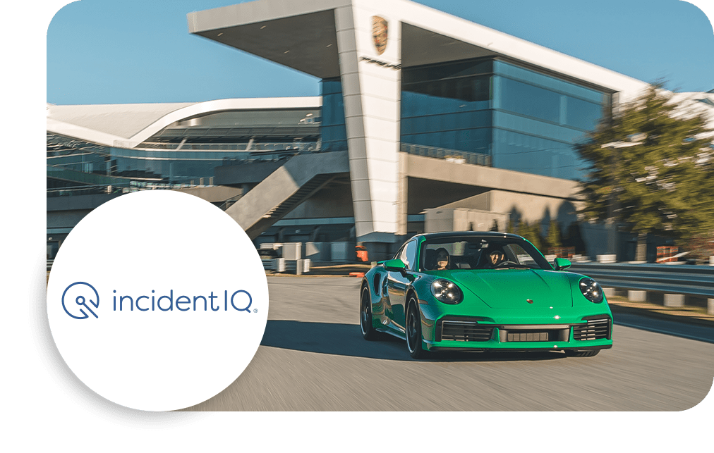 Incident IQ logo next to a Porsche sportscar