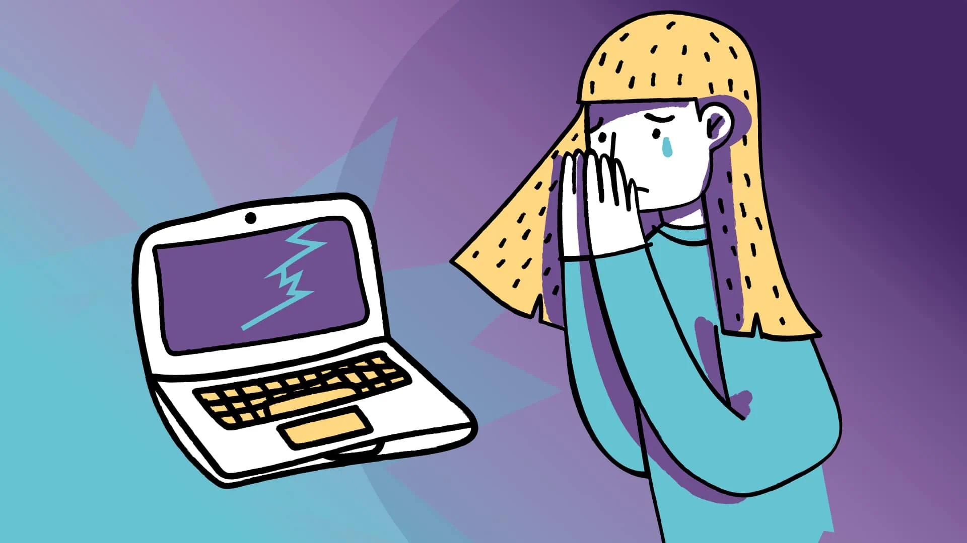 Illustration of a girl crying while looking at her Chromebook's broken screen
