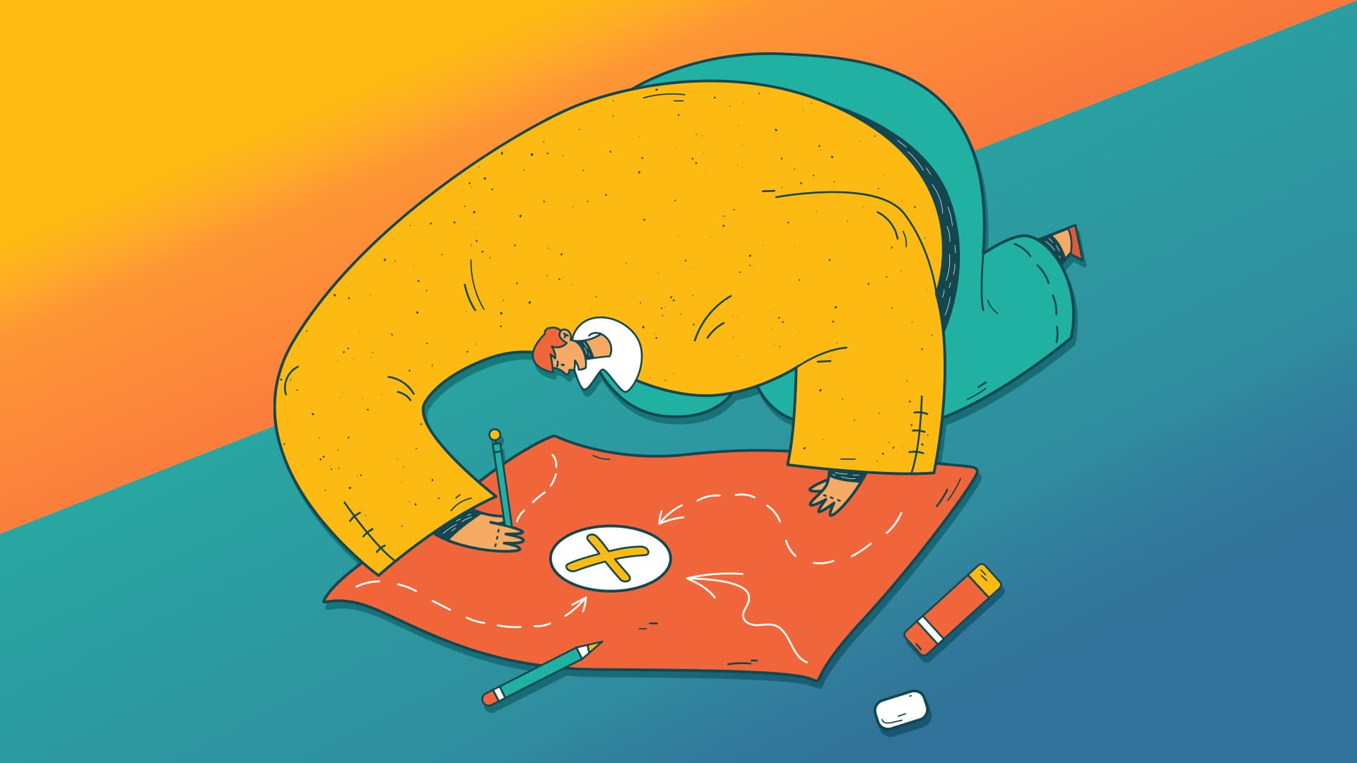 Illustration of a man leaning over a master plan that looks like a treasure map.