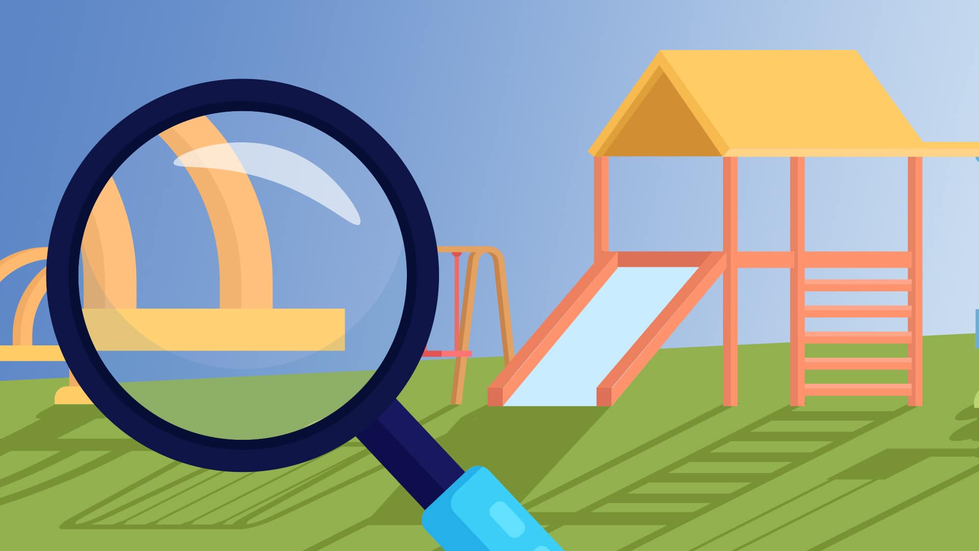 Illustration of a magnifying glass looking at playground details.