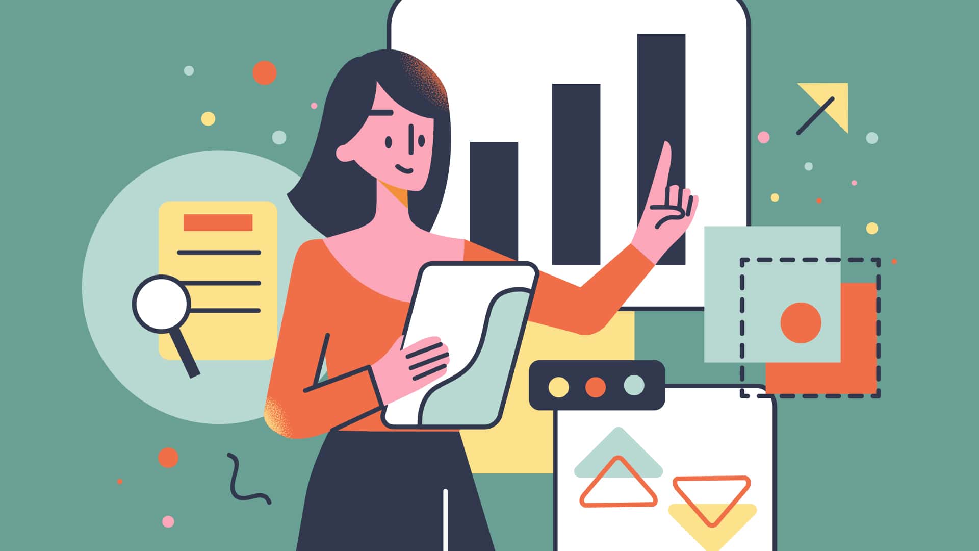 Illustration of a woman surrounded by and pointing at several charts.