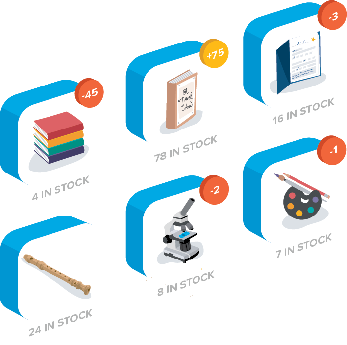 Illustration of inventory cells showing text books, novels, music instruments, microscopes, and art supplies.