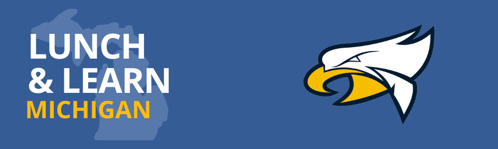 An eagle head graphic faces right on a blue background. To the left, text reads "LUNCH & LEARN MICHIGAN" in bold, over an outline of Michigan state.