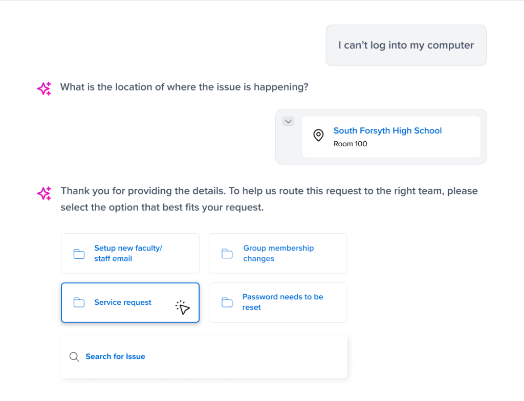 AI ticket assistant collecting issue details with location selection and service request options