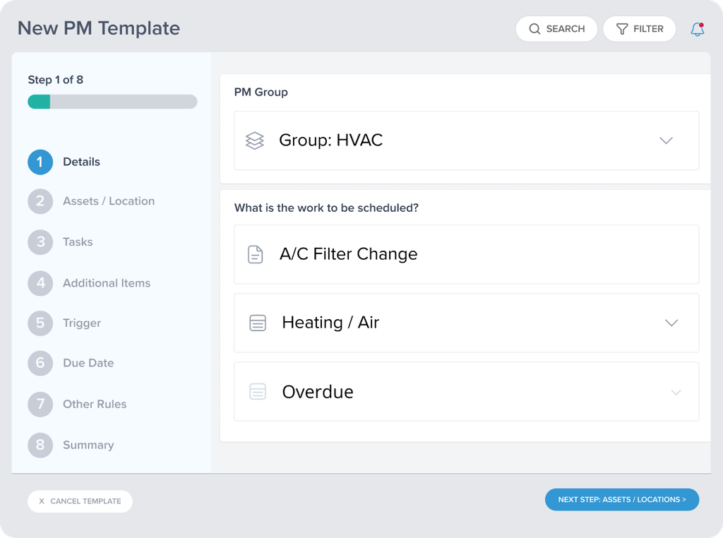 iiQ Facilities preventive maintenance template showing HVAC scheduling details for an A/C filter change.