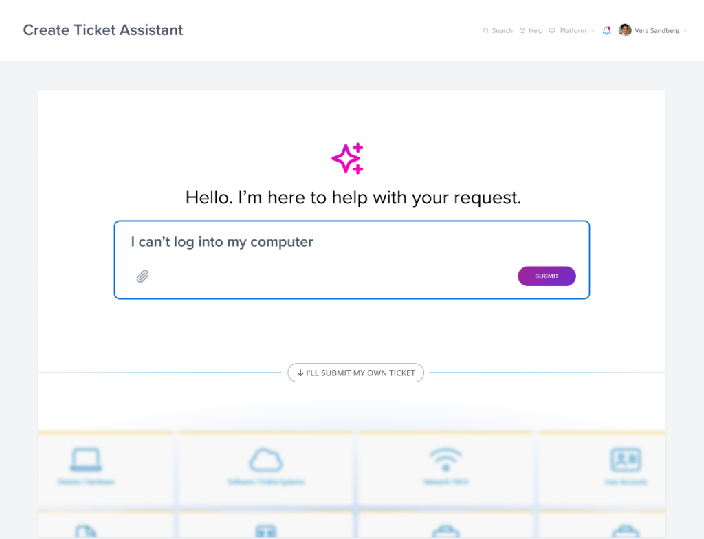 AI-powered ticket creation screen with input field for describing login issue