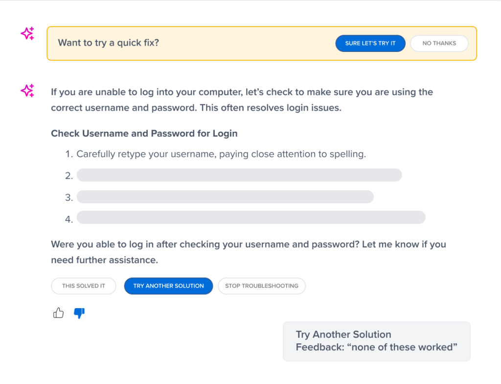 AI ticket assistant suggesting quick login fix with troubleshooting steps and resolution options