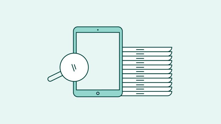 Illustration of a laptop and mobile device displaying IT device management dashboard with asset tracking and reporting interface.
