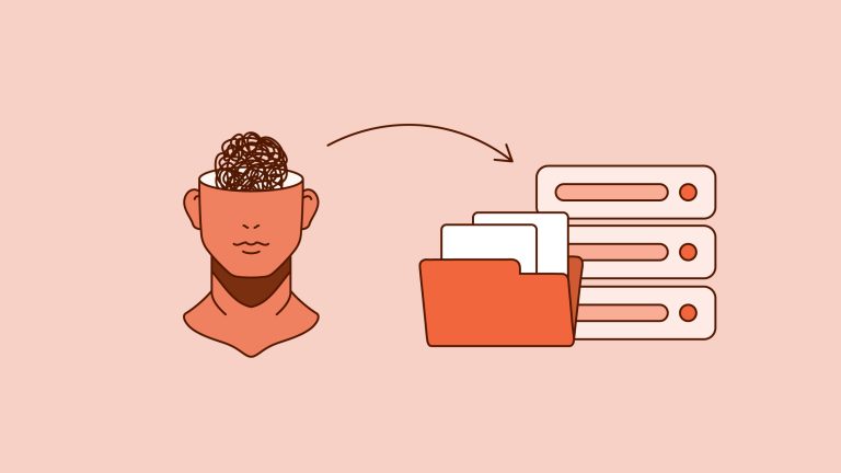 Illustration of facilities knowledge moving from a person’s head into organized digital systems and records