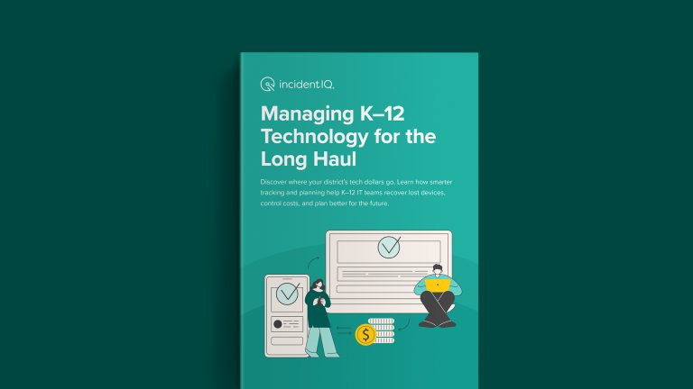 Illustration of K-12 technology lifecycle management showing devices, tracking dashboard, and budget planning elements