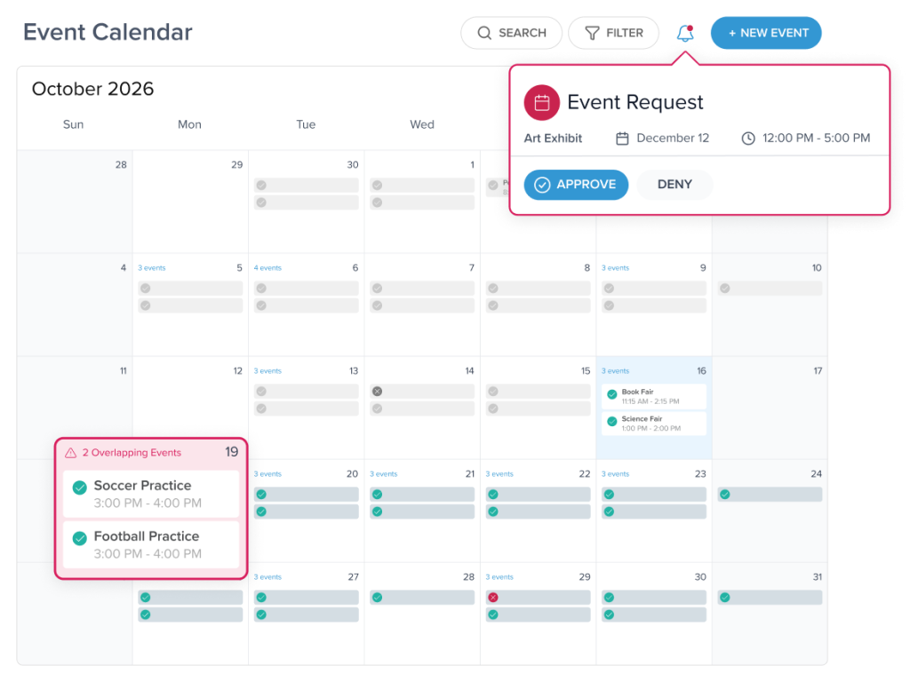 An events calendar, highlighting a new event request and an alert about overlapping events