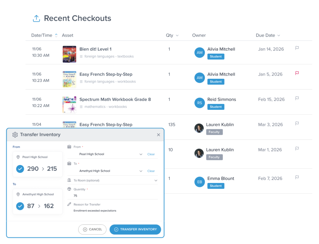 application windows with a transfer inventory dashboard and recent checkouts log