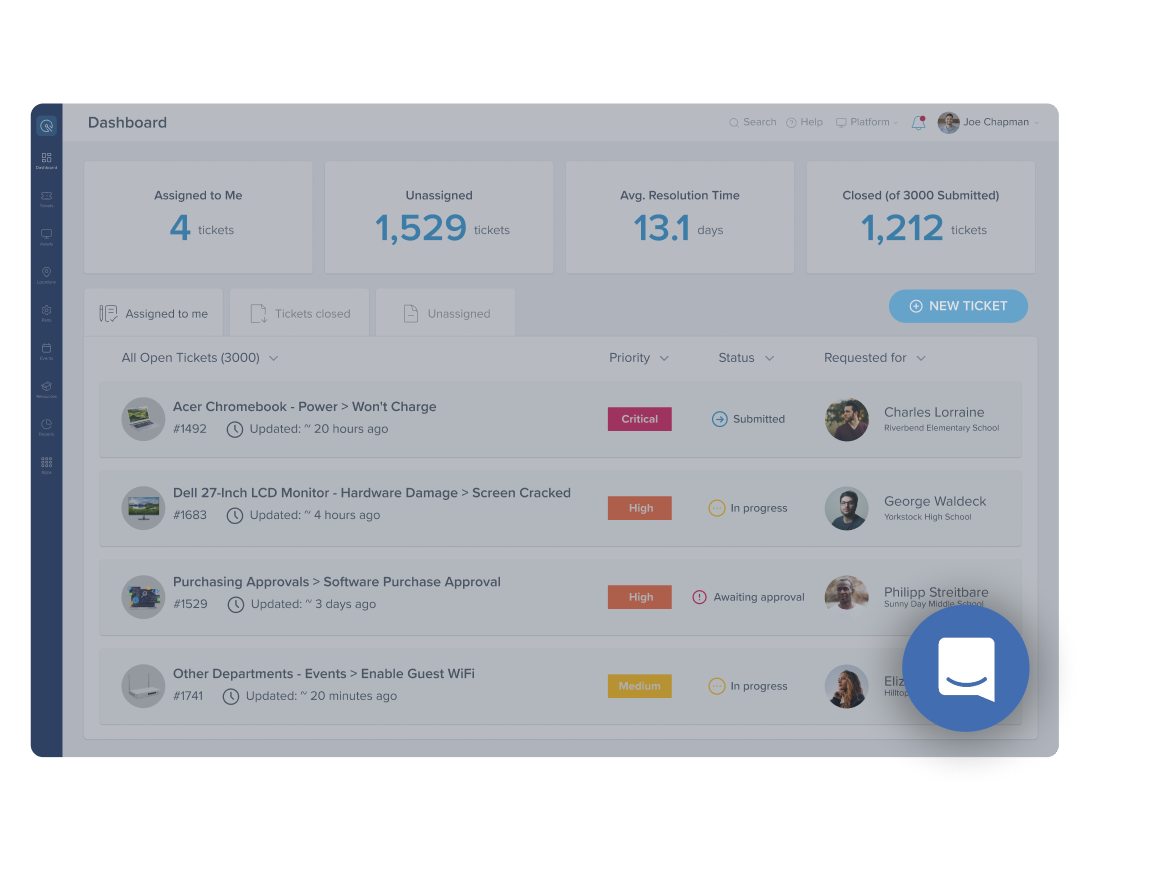 iiQ Ticketing dashboard showcasing support bot
