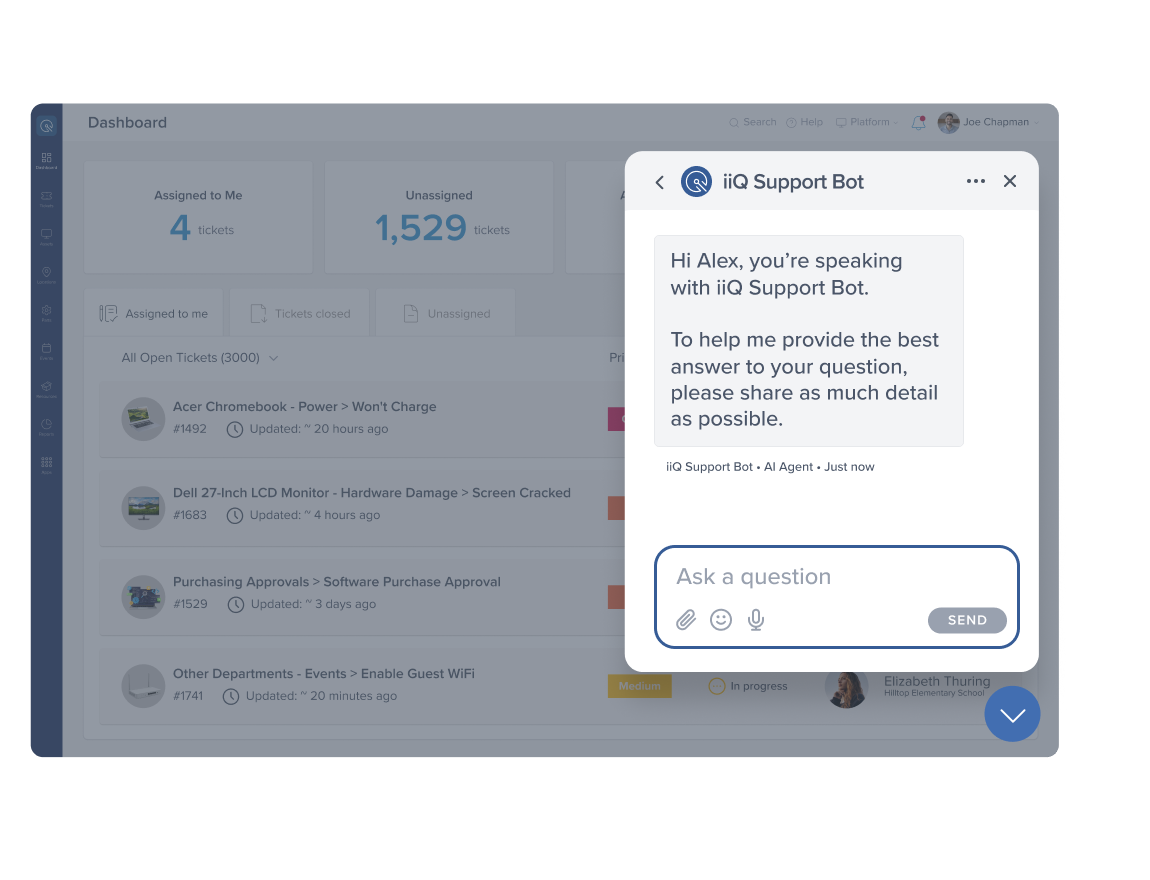 Incident IQ dashboard support bot open to a chat page with a bot starting off the chat with a prompt