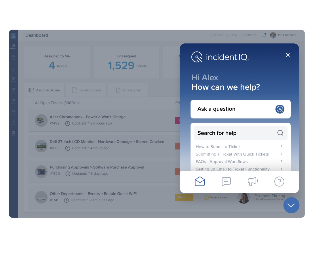 Incident IQ dashboard support bot open to its home page