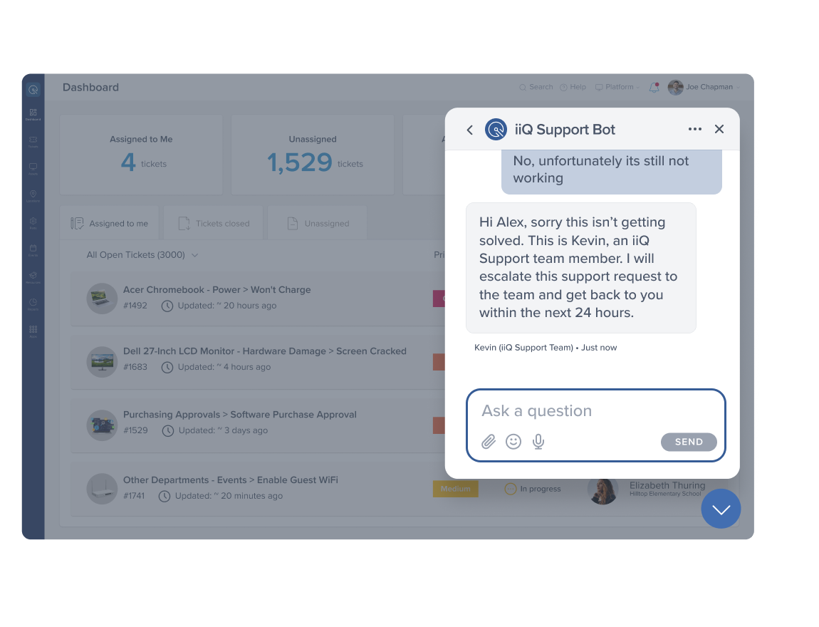 Incident IQ dashboard support bot open to a chat page with a conversations between the requestor and iiQ support team member